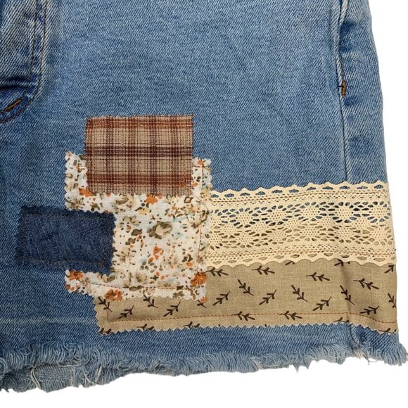 SONG Cut Off Jean Shorts Boho Denim Button Fly Distressed Plaid Patchwork 7 - Picture 6 of 12